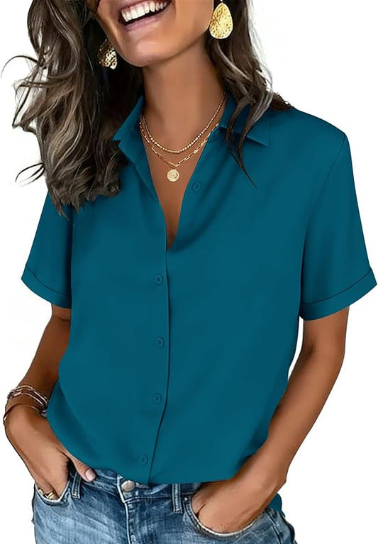 Zeagoo Button Down Shirts for Women Short Sleeve Collared Tops Dressy Casual V Neck Blouses by Zeagoo