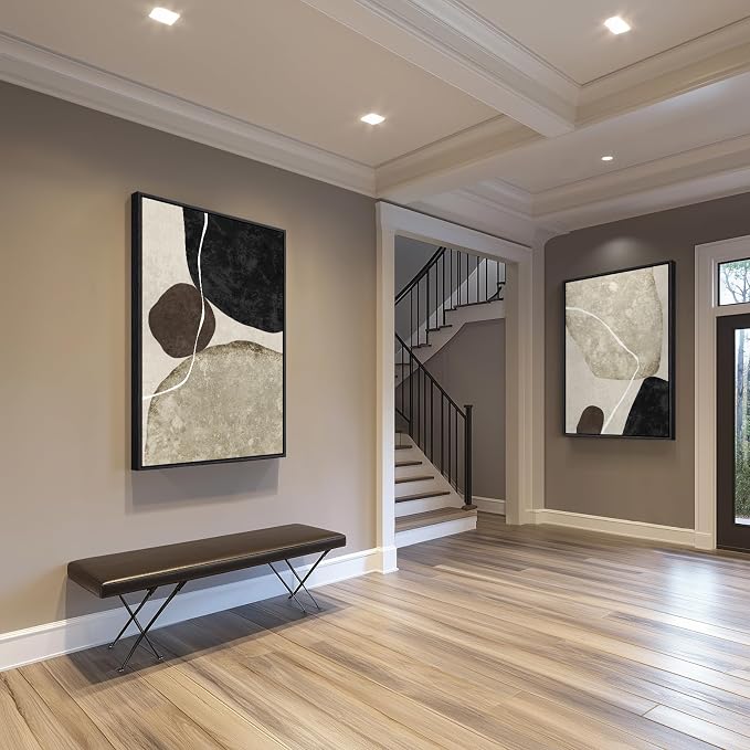 Large Framed Neutral Abstract Wall Art Set of 2, Modern Black Beige Brown Canvas Prints Paintings Artwork for Walls, Minimalist Stone Shape Pictures for Living Room Dining Bedroom Wall Decor 24x36 In - Image 2