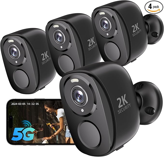 Rraycom 4Pack 5G/2.4G Security Cameras Wireless Outdoor,2K Battery Powered AI Motion Detection Siren Alarm WiFi Home Indoor Camera, Color Night Vision, 2-Way Talk, Waterproof, Works w/Alexa, Cloud/SD by Rraycom
