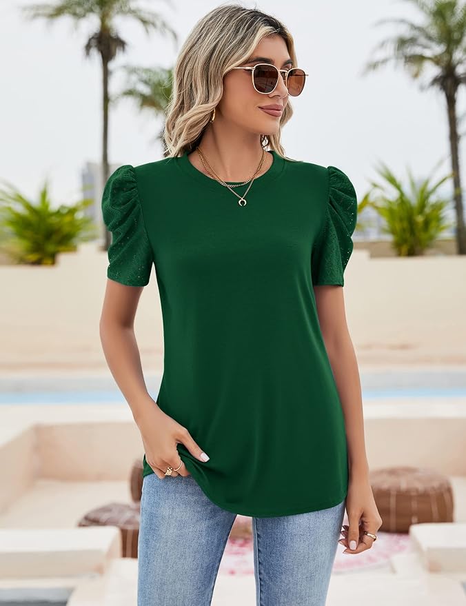 Ivicoer Puff Short Sleeve Shirt for Women Eyelet Tops Summer Crewneck Blouse Loose Fit S-XXL - Image 2
