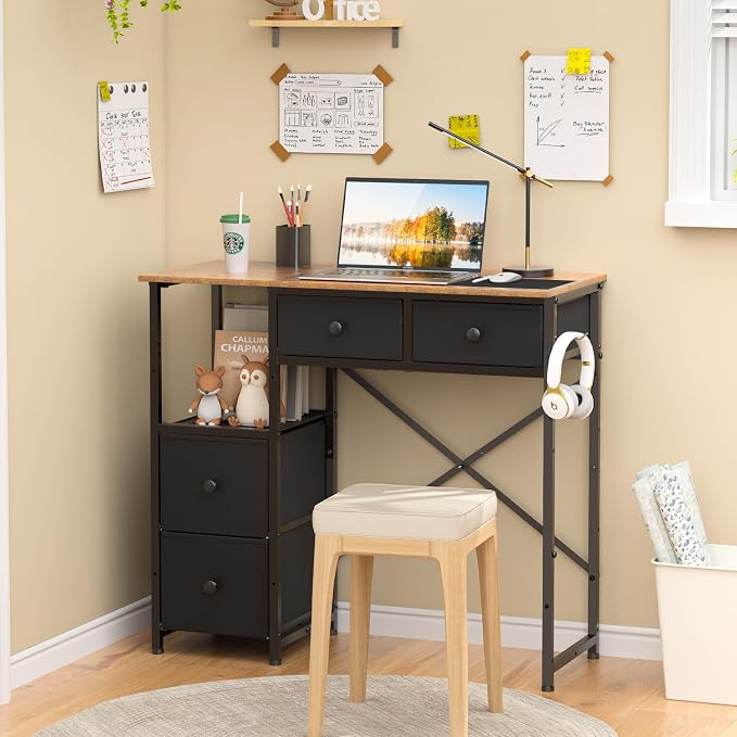 3IngSeagulls Small Computer Desk with 4 Fabric Drawers, Simple Writing Desk for Home Office, Compact Study Desks for Small Spaces, Kids Desk Study for Bedroom, Rustic Brown - Image 6