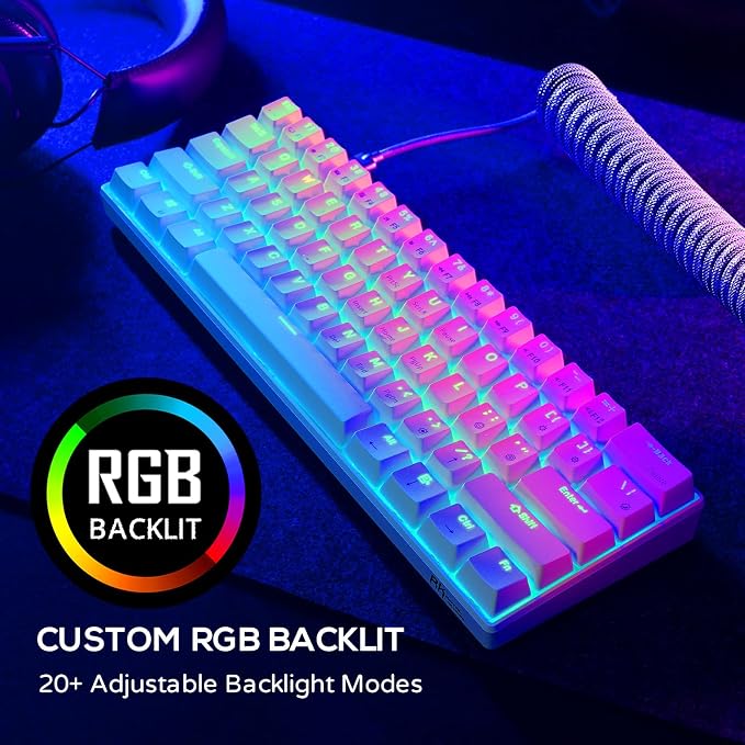 RK ROYAL KLUDGE RK61 Wireless Mechanical Keyboard with Coiled Cable, White | 60% RGB Gaming Keyboard with Bluetooth/2.4GHz/Wired, Hot Swappable 61 Keys Ultra-Compact for Win/Mac/PC, Tactile Brown Switch - Image 3