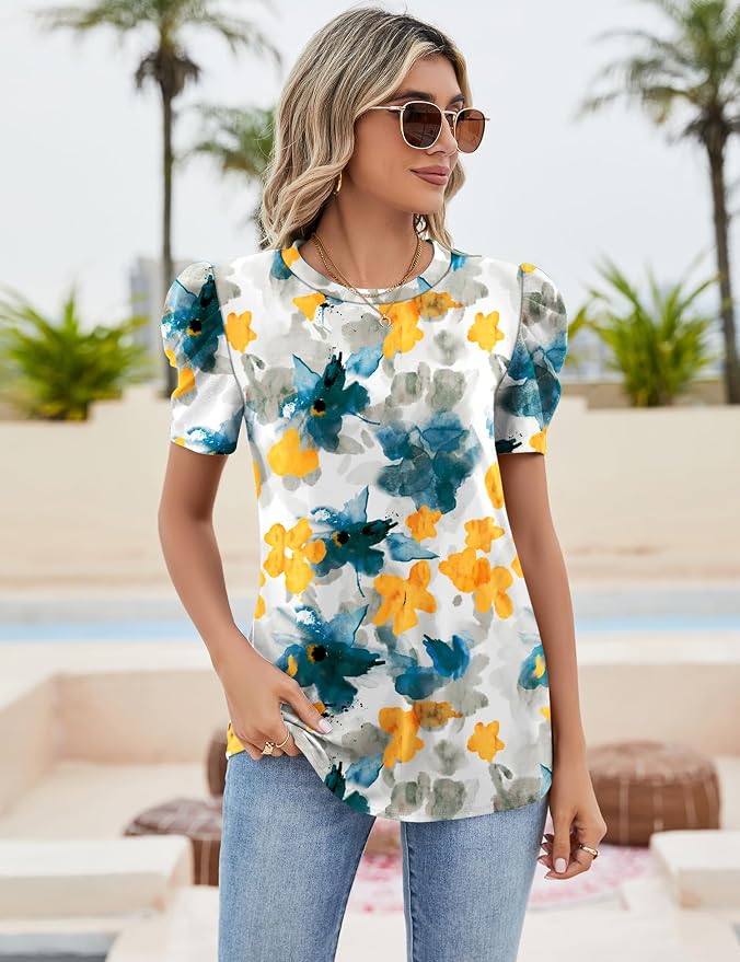 Ivicoer Puff Short Sleeve Shirt for Women Eyelet Tops Summer Crewneck Blouse Loose Fit S-XXL - Image 2