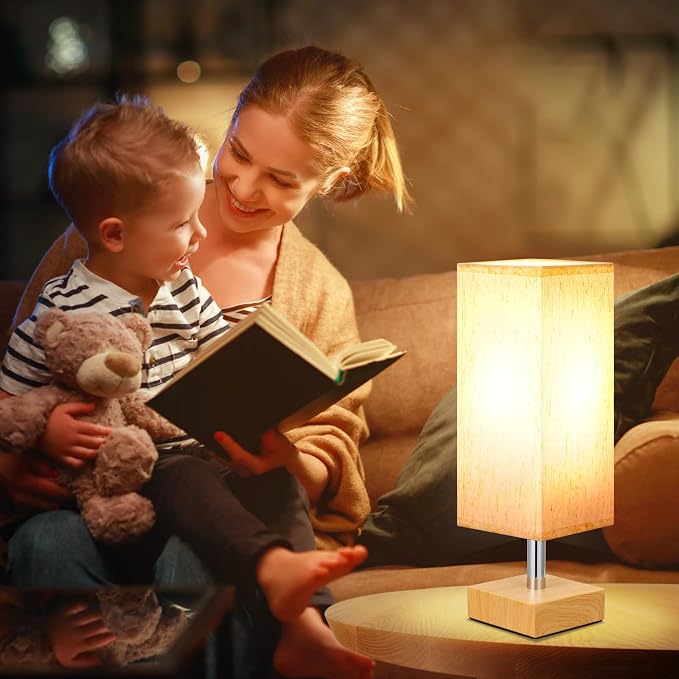Wood-Grain Small Bedside Lamp for Bedroom - Square Cream Fabric Shade | Inline Rocker Switch, Corded Electric, Bulb Not Included, 12.8" Mini Table Lamp for Nightstand, Desk, Dorm, Office - Image 5
