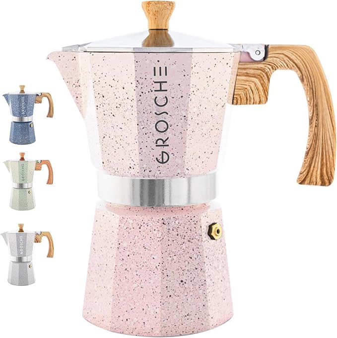 GROSCHE Milano Stovetop Espresso Maker Moka Pot 6 espresso Cup 9.3 oz Pink | Cuban Coffee Maker And Italian Moka Pot For Stovetop Espresso; For Gas, Electric, And Propane Stoves With A Soft-Touch Handle by GROSCHE