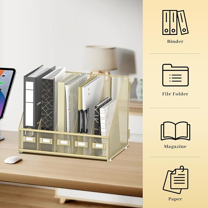 SUPEASY Desk Organizers Metal Desk Magazine File Holder with 5 Vertical Compartments Rack File Organizer for Office Desktop, Classroom, Home Workspace, Golden Yellow, Plus - Image 6
