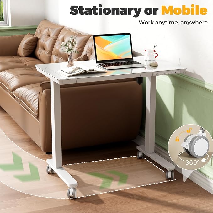 35" Electric Standing Desk with Drawer, One-Piece Glass Top | Quick Install One-Piece Tabletop with USB Charging Ports, Sit Stand Computer Desk with Wheels for Small Space, White - Image 9