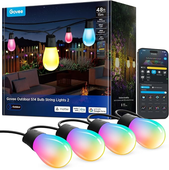 Govee S14 Bulb Outdoor String Lights 2, 48ft RGBICWW, 15 LED Bulbs, IP66 | Patio Lights with 111 Scene Modes for Patio, Backyard, Garden, Compatible with Alexa, Google, Matter, APP Control by Unknown