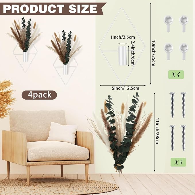 Jexine 4 Pcs Hanging Planters with Artificial Pampas White Metal Hanging Vase Indoor Plants Holder Modern Geometric Boho Bathroom Wall Decor for Living Room Home Office - Image 2