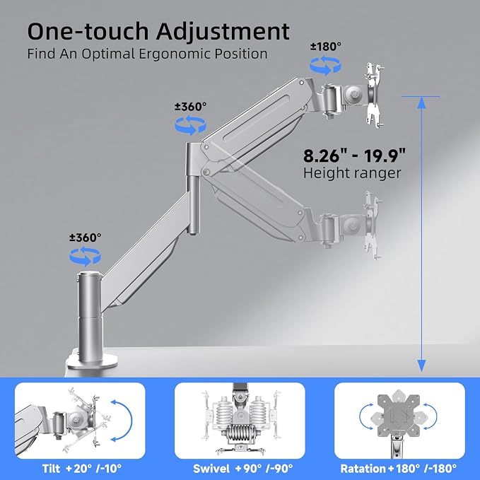 Suptek Ultrawide Monitor Arm Mount for 17 to 43 Inch Heavy Duty Curved Screen,Holds 28.6 lbs,Adjustable Gas Spring Monitor Arm Desk Mount Stand,75/100 Vesa Mount,Silver(MD71MS) - Image 3
