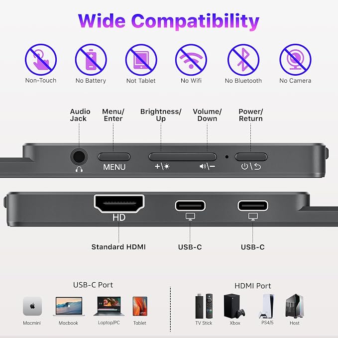 VisionOwl Portable Monitor for Laptop, IPS USB-C HDMI Travel Second Monitor for MacBook Pro Air, PC, PS5, Xbox, Portable Second Screen, Built-in Kickstand, Speakers, VESA Mountable, 15.6 Inch - Image 7