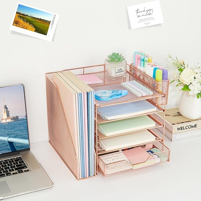 Desk Organizers and Accessories, 5-Tier Paper Letter Tray Organizer with File Holder, Drawer & Pen Holder, Office Desk Accessories, Desktop Organizer for Classroom Office Supplies, Rose Gold - Image 5
