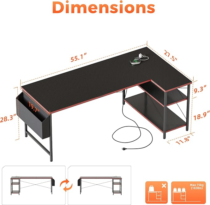 Mericonia 55 inch L Shaped Gaming Desk, Large Corner Desk with Shelves | Reversible Computer Desk with Power Outlets & Storage Bag, Office Table for Home Bedroom Study Work Writing - Image 2