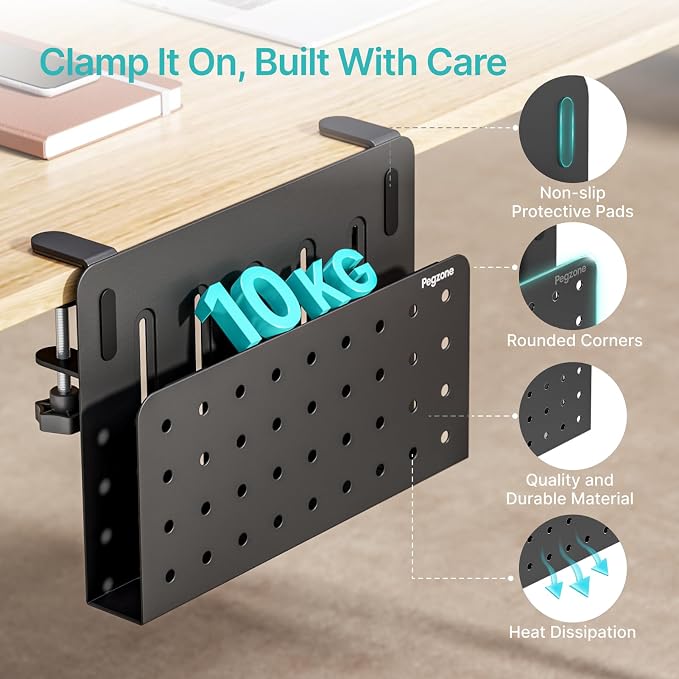 PEGZONE Desk Side Storage Organizer, Fits Flat Edge 0.4" to 2.2", Black | No Drill Under Desk Laptop Holder, Clamp on Desks Shelf with Pegboard Accessories, Hanging Laptop Mount - Image 4