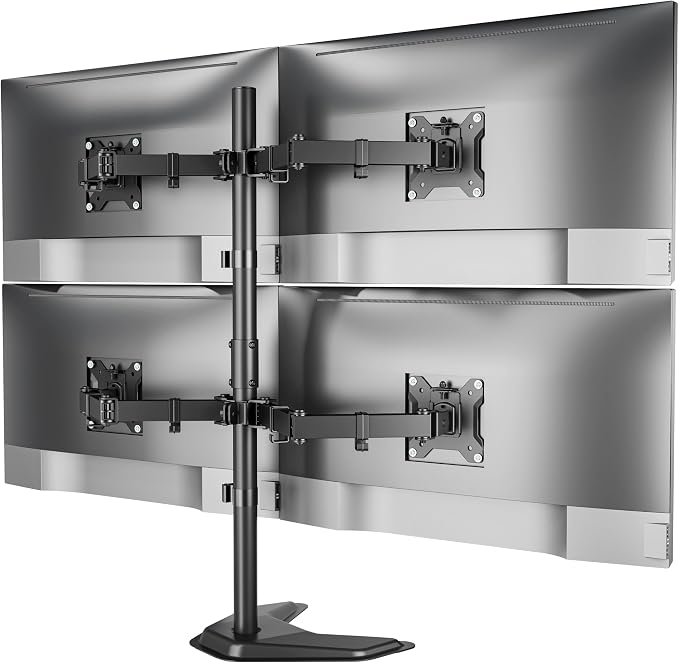 monTEK Freestanding Quad Monitor Stand for Four 17-32" Screens, 22 lbs Each | Solid V-shaped base, four-screen full-motion arms, height adjustment, tilt, swivel, rotation and VESA 75/100 by monTEK