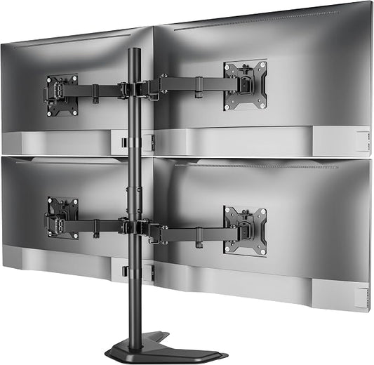 monTEK Freestanding Quad Monitor Stand for Four 17-32" Screens, 22 lbs Each | Solid V-shaped base, four-screen full-motion arms, height adjustment, tilt, swivel, rotation and VESA 75/100 by monTEK