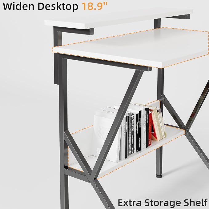COTUBLR Small Desk, Small Computer Desk for Spaces, 27.5 Inch Computer Desk with Adjustable Monitor Stand, Compact Desk with Storage for Bedroom Home Office, White Tabletop+Black Frame - Image 4