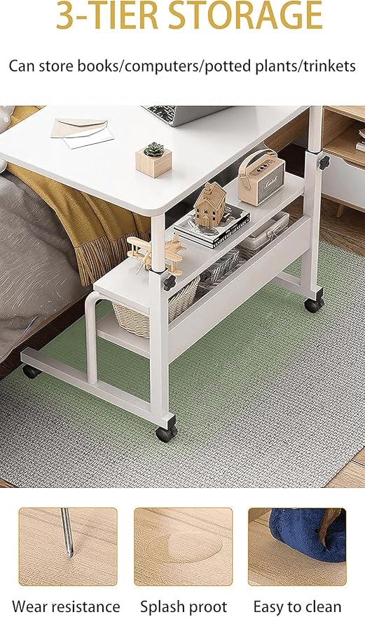 Adjustable Height Mobile Computer Desk for Small Space Rolling Writing with Wheels Corner Home Office Study Portable Bedrooms Work Size 31.5x15.7 Inch Storage Gaming Table, White A - Image 5
