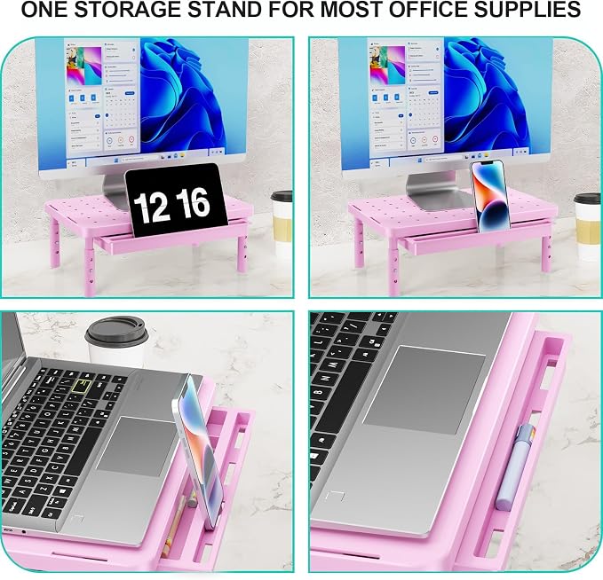 WALI Computer Monitor Stand with Storage, Desk Monitor Riser 3 Height Adjustable, Laptop Riser with Airflow Vents, Desk Organizer for Computer, Laptop, Printer (PTT002-P), 1 Pack, Pink - Image 3