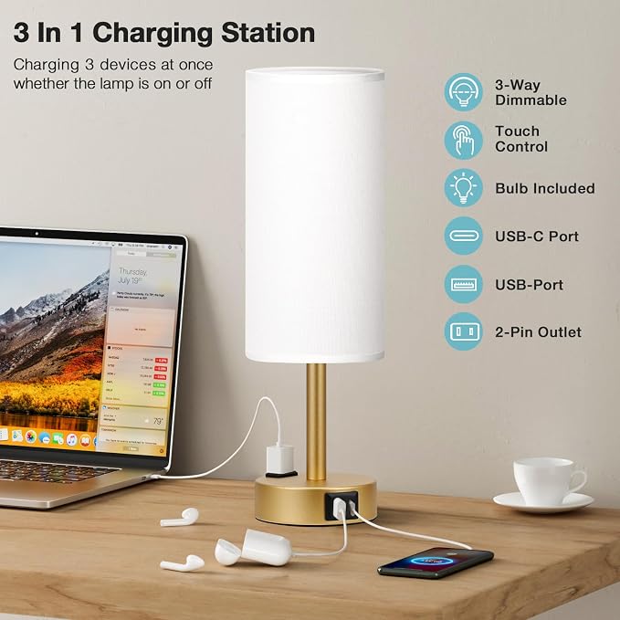 Fenmzee Gold Touch Lamp for Bedroom- 3 Way Dimmable Bedside Lamp USB C A Charging Ports and AC Outlet, Small Table Lamp White Linen Lampshade for Gift, LED Bulb Included - Image 3