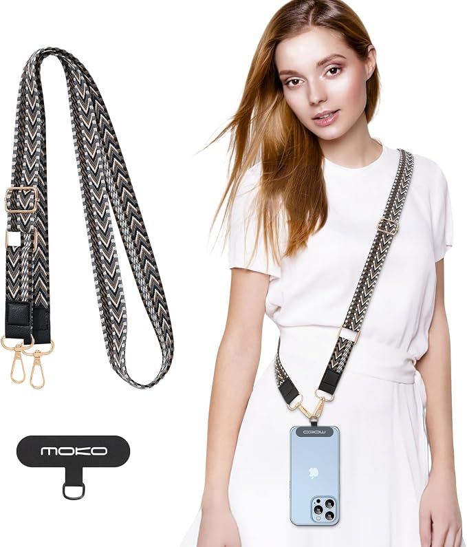 MoKo Universal Phone Lanyard, Braided Adjustable Cell Phone Crossbody Strap Detachable Women & Men Cellphone Lanyards Around The Neck with Patches for iPhone, Most Smartphones, Black & Gray by MoKo