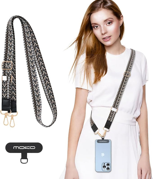 MoKo Universal Phone Lanyard, Braided Adjustable Cell Phone Crossbody Strap Detachable Women & Men Cellphone Lanyards Around The Neck with Patches for iPhone, Most Smartphones, Black & Gray by MoKo
