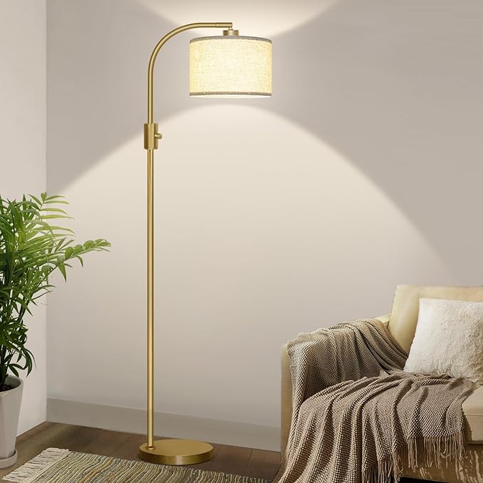 Nintiue Upgraded Modern Arc Dimmable Tall Standing Floor Lamp with Linen Shade, 1200 Lumens LED Bulb Included, for Living & Reading Room, Bedroom, Office & Nursery, Gold by Nintiue