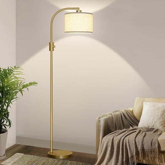 Nintiue Upgraded Modern Arc Dimmable Tall Standing Floor Lamp with Linen Shade, 1200 Lumens LED Bulb Included, for Living & Reading Room, Bedroom, Office & Nursery, Gold by Nintiue