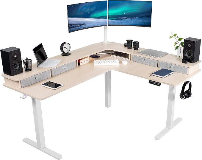 VIVO Light Wood 63 x 55 in Corner Standing Desk, DESK-E3CVC | Electric, 2-Tier, L-Shaped, Sit Stand, Height Adjustable, Memory, Light Wood Top, Black Frame, Light Gray Drawers by Unknown