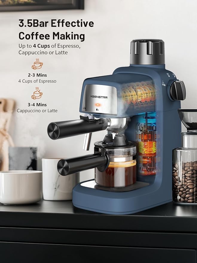 KEENSTAR 3.5Bar Espresso Machine with Milk Frother, 800W Compact Espresso and Cappuccino Maker, Preheating Function, 4-Cup Espresso Maker for Latte or Cappuccino, Gift for Coffee Lovers Upgrade - Image 2