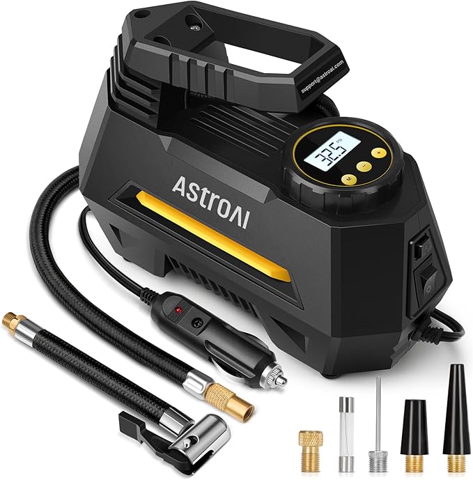 AstroAI AIRUN H Tire Inflator Portable Air Compressor,9.8Ft Cord-12VDC-Powered Auto Shut-Off,Fast Inflation Electric Air Pump for Car Tires-Car Accessories with Digital Pressure Gauge,LED Light,Yellow by AstroAI