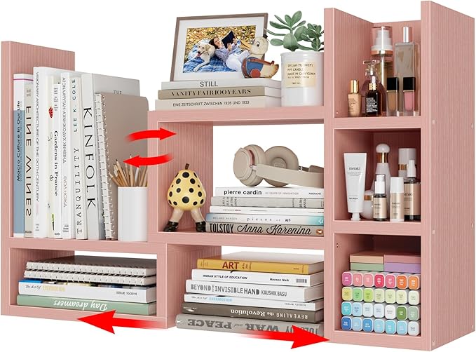 NUTIKAS Desk Shelves Desktop Organizer Shlef - Pink Office Organization for Top of Desk Organizers and Accessories Corner Bookshelf Table Top Shelving Small Hutch Decorations for Office by NUTIKAS