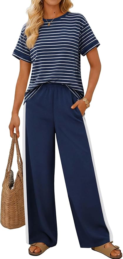 Sampeel 2 Piece Sets for Women Matching Sets Summer Outfits Resort Wear Short Sleeve Lounge Set Wide Leg Pants with Pockets - Image 2