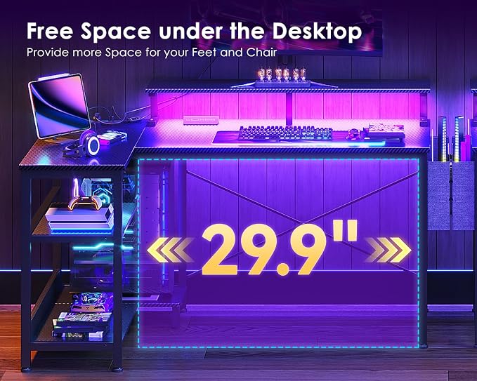 ODK 40 Inch L Shaped Gaming Desk with LED Lights, Power Outlets, Black | Adjustable Monitor Stand, Open Storage Shelves, Hanging Side Bag, PC Tower Stand, Reversible Layout for Gaming - Image 4