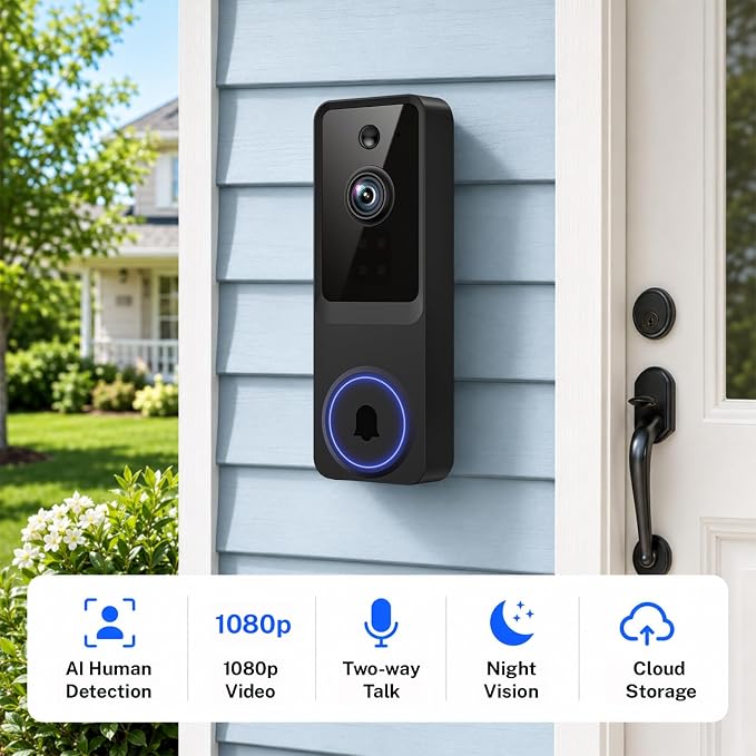 1080p Wireless Video Doorbell Camera with Smart AI Human Detection, Two-Way Audio, Live View, Night Vision, 2.4G WiFi, Battery Powered, App Control, and Cloud Storage for Home, Office & Pet Monitoring - Image 2