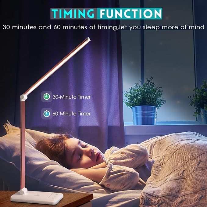 LED Desk Lamp with Wireless Charger, USB Charging Port, Desk Lighting with 10 Brightness, 5 Color Modes, Dimmable Eye Caring Reading Desk Lamps for Home Office, Touch Control, Auto Timer, Pink - Image 7