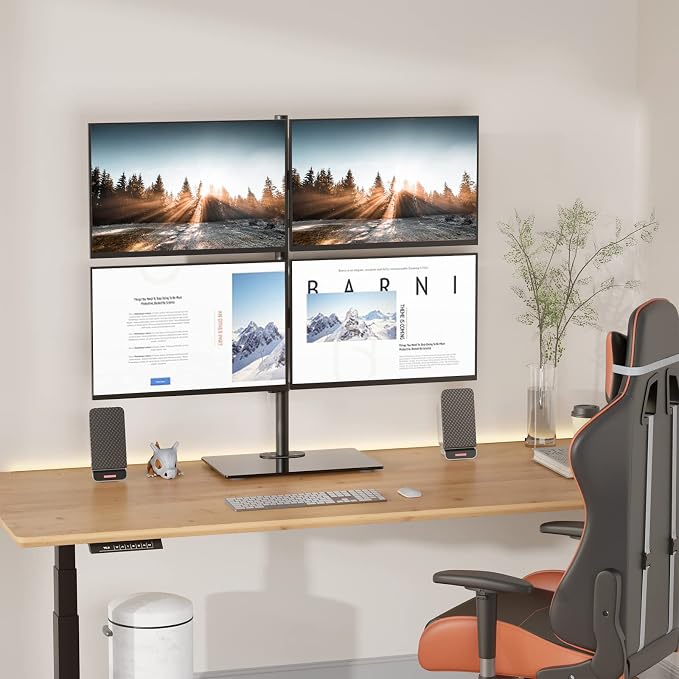 WALI Freestanding Quad Monitor Mount for 17-27 Inch Screens, Fully Adjustable 4 Monitor Stand with Swivel, Tilt, Rotation, Glass Base, Max Load 22 lbs per Arm (GMF004), Black - Image 2