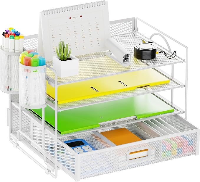 Marbrasse Desk Organizer, 4-Tier Paper File Letter Tray, White | Sturdy Paper Tray, File Holder, Built-in Drawer, 2 Pen Slots, fits Letters/Files, for School Home Office Supplies by Marbrasse