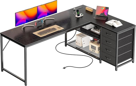 PRAISUN 61" L Shaped Desk with Power Outlets & USB-C Port, Reversible Computer Corner Office Desk with 4 Fabric Drawers and 2 Storage Shelves, Large Desk for Gaming Writing Study, Black by PRAISUN