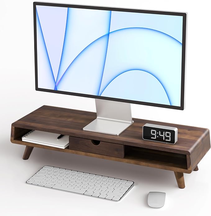 TINAMO Acacia Wood Monitor Stand with Drawer - Wooden Monitor Riser for Desk - Computer Monitor Stand for Desk - Multi-Purpose Desktop Storage Stand for Computer; Laptop; Printer; TV - 24.4 " x 8" x 5" (Walnut color) (Patented) by TINAMO