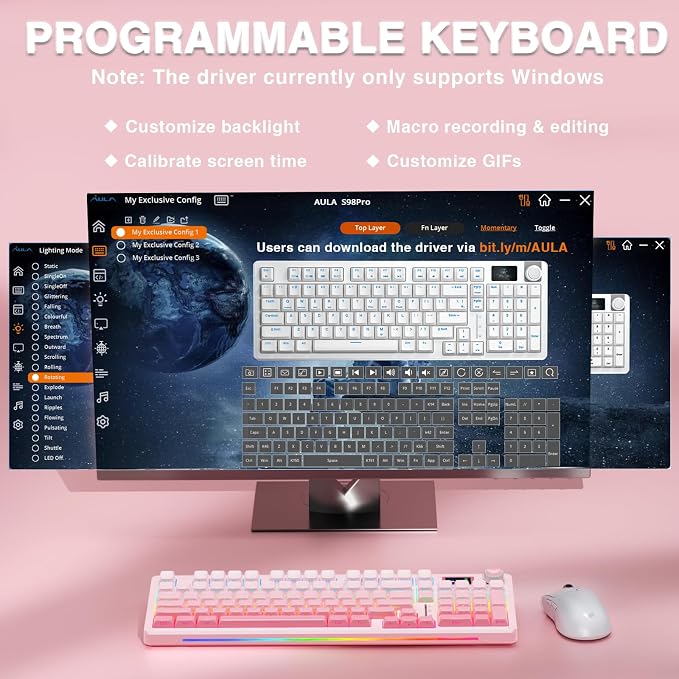 AULA S98 Pro Wireless Mechanical Keyboard with Screen & Knob,2.4GHz/USB-C/BT5.0 Hot Swappable Pink Creamy Keyboard,Pre-lubed Linear Switches,Side Printed PBT Keycaps,RGB Backlit Gaming Keyboards - Image 8