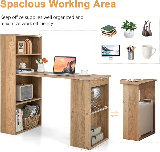 Tangkula Computer Desk with Bookshelf, Writing Study Desk with Storage Shelves & CPU Stand, Modern Compact Computer Workstation for Home & Office, Space-Saving Design(Natural) | Natural Wood Desk w/Storage Shelves & CPU Stand, Space-Saving Design Writi... - Image 7