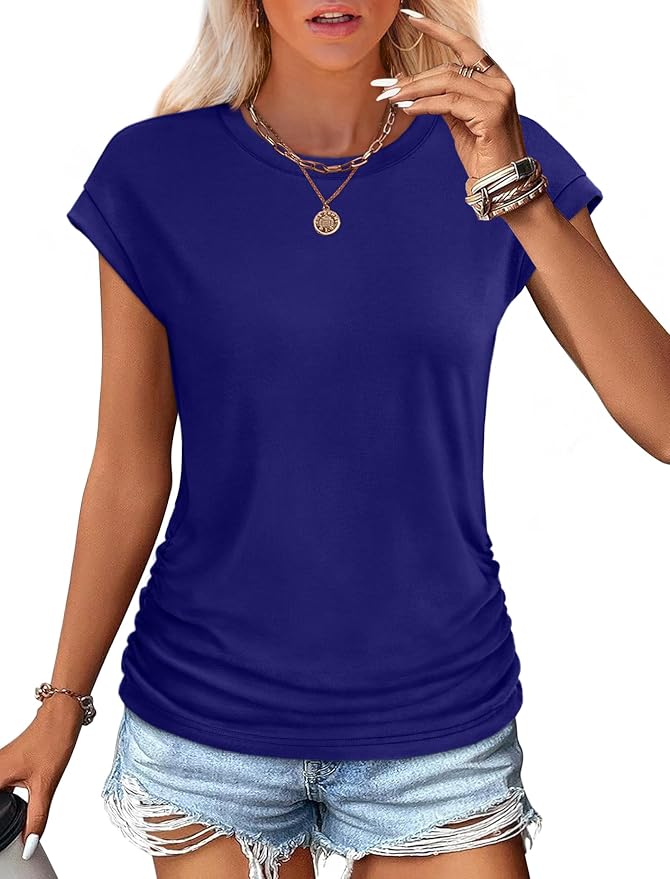Sampeel Womens Summer Tops Trendy 2026 Ruched Cap Short Sleeve Tshirts Shirts Crew Neck T Shirts Fashion - Image 2