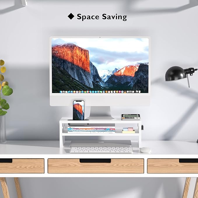 BONTEC Wooden Monitor Stand Riser for Desk, 2-Tier Computer Monitor Stand with Storage, 66 lbs Desk Shelf Organizer, Laptop & Printer Stand with Phone Holder and Cable Management, White, 16.5 Inch - Image 7