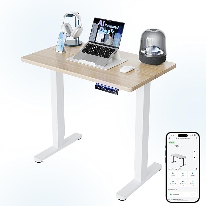 HUANUO AI-Powered Electric Standing Desk with Smart APP, Work with Alexa & Google, Adjustable Height, 6 Memory Settings, Sedentary Reminder, Ergonomic Sit-Stand Desk, 32-inch, Light Walnut by HUANUO