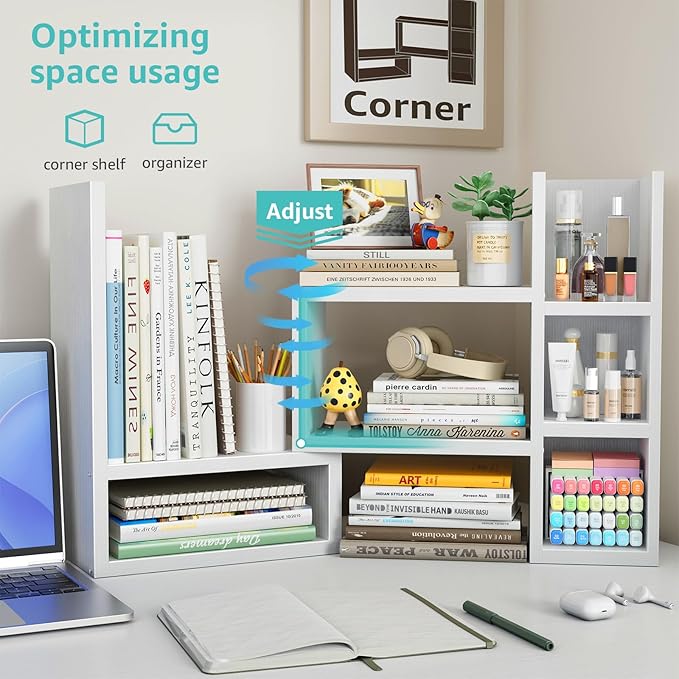 NUTIKAS Desk Shelves Desktop Organizer Shelf - White Office Organization for Top of Desk Organizers and Accessories Corner Bookshelf Table Top Shelving Small Hutch Decorations for Women Office - Image 5