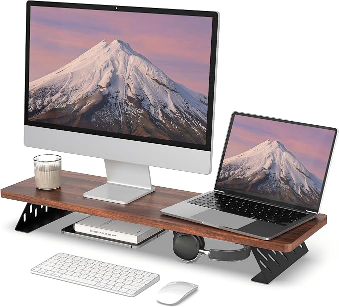 Fenge Monitor Stand Riser, 31.5 Inch Desk Top Shelf for 2 Monitors, Computer Stands for Desk, Wood & Steel Desktop Riser for Laptop, PC, Printer by Fenge