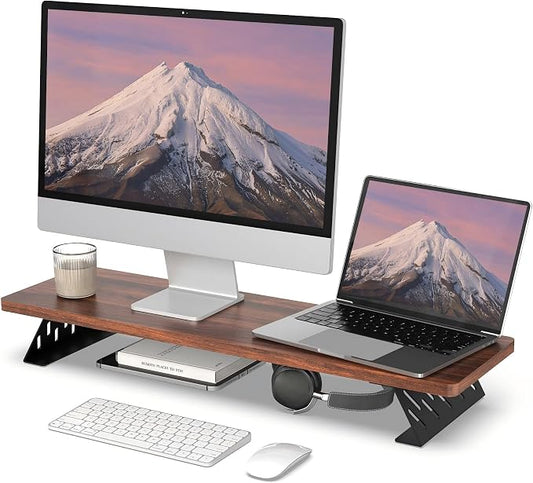 Fenge Monitor Stand Riser, 31.5 Inch Desk Top Shelf for 2 Monitors, Computer Stands for Desk, Wood & Steel Desktop Riser for Laptop, PC, Printer by Fenge