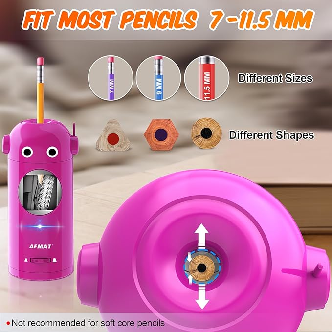 AFMAT Electric Pencil Sharpener for Colored Pencils 7-11.5mm, Fully Automatic Robot Pencil Sharpener, Auto in & Out, Rechargeable Hands-Free for Classroom/Home/Office, Battery Operated, PSX5RB, Pink - Image 3