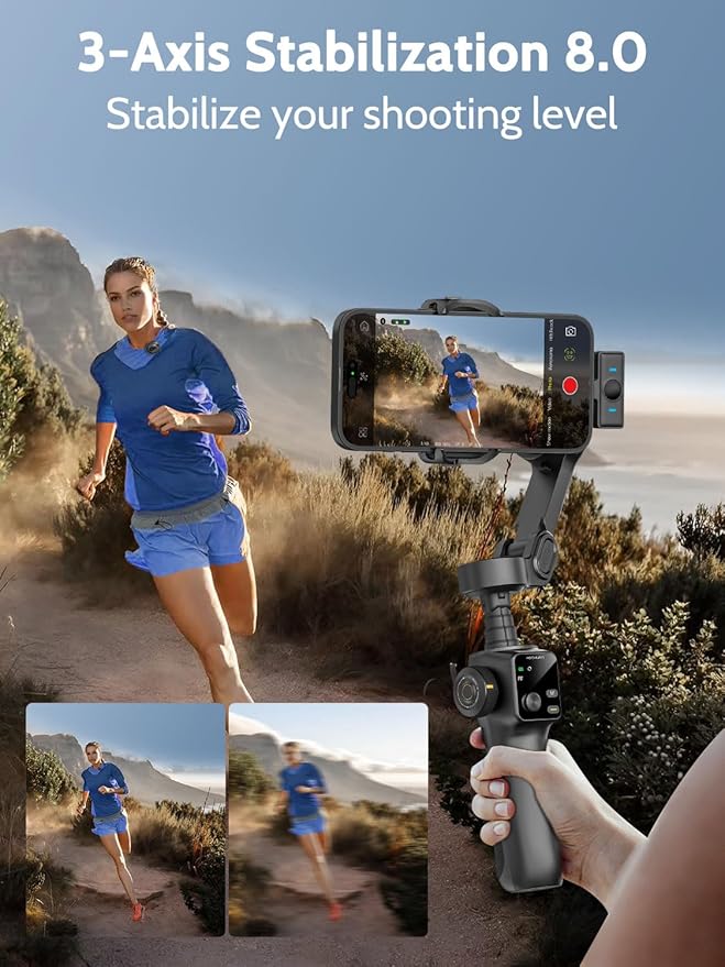AOCHUAN Gimbal Stabilizer for iPhone & Android,3-Axis Phone Gimbal w/Wireless Lavalier Microphone,Built-in 7.8" Extension Pole,OLED Display,Phone Stabilizer for Video Recording TikTok(V8 Mic Kit) - Image 4